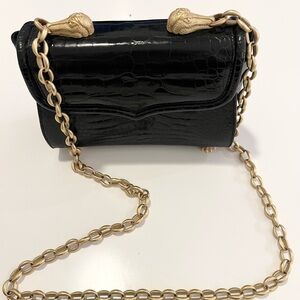 KIESELSTEIN-CORD Rare Elegant Black Croc-Embossed Crossbody Bag with Gold Chain